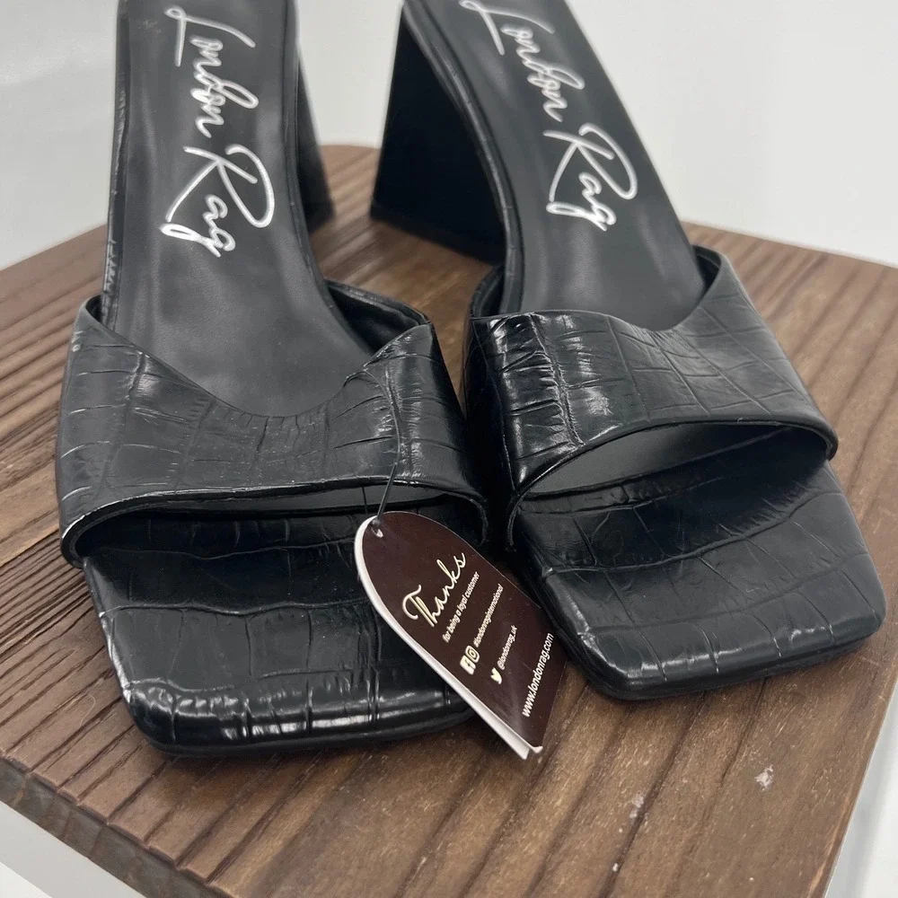 London Rag Black Croc Embossed Square Toe Triangular Block Heel Slide Sandals 10